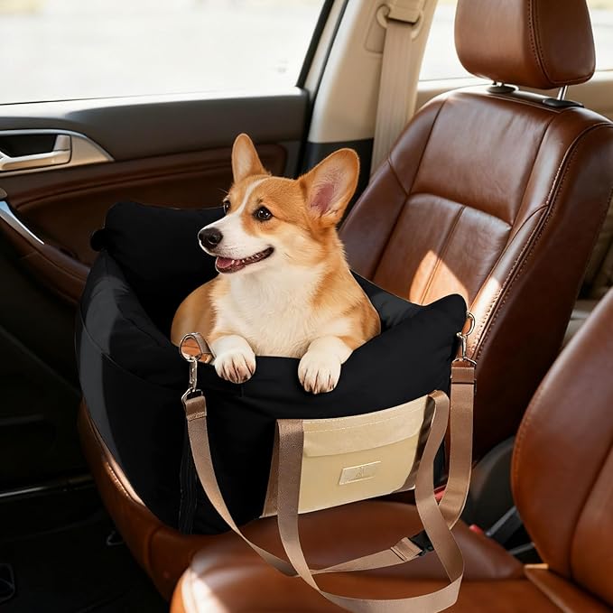 Small Dog Car Seat, Waterproof Pet Booster Seat for Car with Side Handles and a Storage Pocket, Clip-On Safety Leash and PP Cotton Filling, Vehicle Bed for Small to Medium Dogs up to 25lbs (Black)