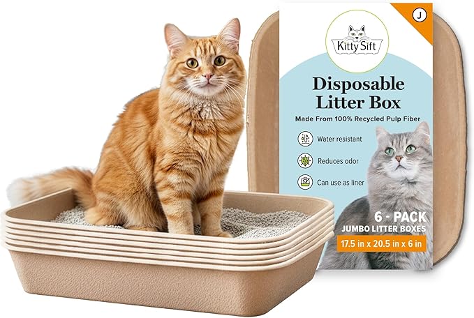 Kitty Sift Disposable Cat Litter Box Jumbo, 6 Count, Durable Portable for Travel and Home, Eco-Friendly Disposable Litter Box Controls Odor