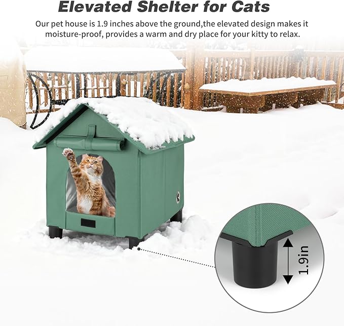 BWOGUE Elevated Heated Cat House for Outdoor Cats in Winter, Waterproof & Insulated Feral Cat Shelter for Outside Cats,Weatherproof Feral Cat House for Outside (Green, S)