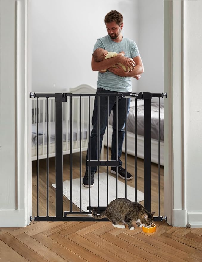 BABELIO 36 Inch Extra Tall Baby Gate with Cat Door,29.5-40" Metal Pet Door for Stairs,Doorways,House,Auto Close,Easy Walk Thru,Black