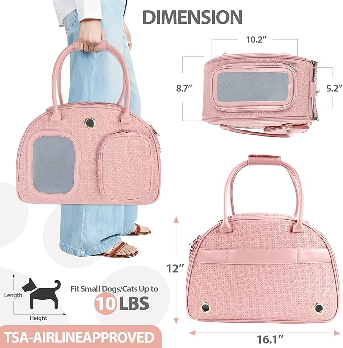 Dog Purse Carrier for Small Dogs, TSA Airline Approved Pet Tote Bag, Fashion Soft-Sided Puppy Carrier Purse with Pockets for Travel, Shopping, Daily Use (Pink, 16.1inch x 8.7inch x 12inch(LxWxH))