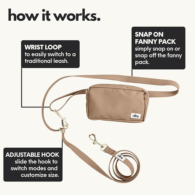 elby - Hands Free Dog Leash with Treat Pouch - Dog Walking Accessories - Dog Training Leash with Fanny Pack - Dog Accessories and Walking Essentials - Medium and Large Dogs (Dark Beige, Regular)