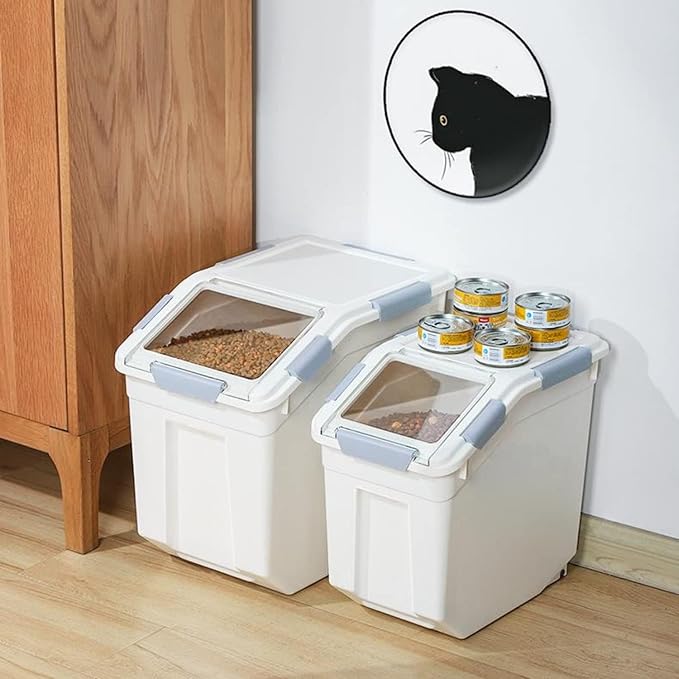 Large Flour Storage Container 25lb (2 Pack), Airtight Rice Containers with Lid, Wheels, Measuring Cup, Scoops, Grain and Sugar Dispenser, Pet Food Bin, for Kitchen Pantry Organization, Grey