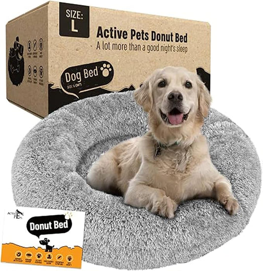 Active Pets Calming Plush Dog Bed Donut Joint Support Anxiety Relief Washable Pet Bed with Removable Cover for Dogs Cats, Large 36", Light Grey