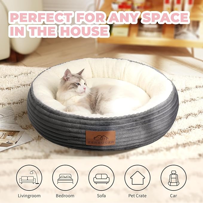 23in Round Cat Dog Bed for Large Medium Small Dogs Cats, Machine Washable Sleeping Sofa, Non-Slip Bottom Breathable Soft Calming Pet Cuddler for Indoor/Outdoor/Car/Cage, Dark Grey