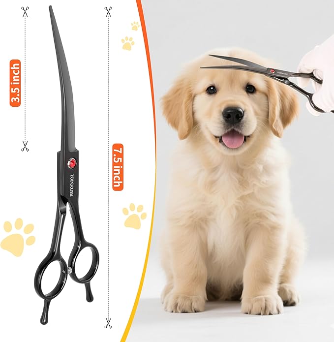 TOPGOOSE 7.5" Dog Grooming Scissor - Professional Down-curved Shear with Ergonomic Handle Japanese Stainless Steel Hair Scissor for Dogs, Cats and Other Pets, Sharp (Curved,Black)