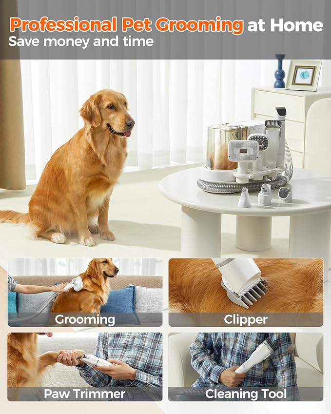 uwant Dog Grooming Vacuum, Cat Grooming Kit, Pets 13KPa Suction Grooming Kit for Home, 6 in 1 Low Noise Pet Hair Removal Tool, White and Silver
