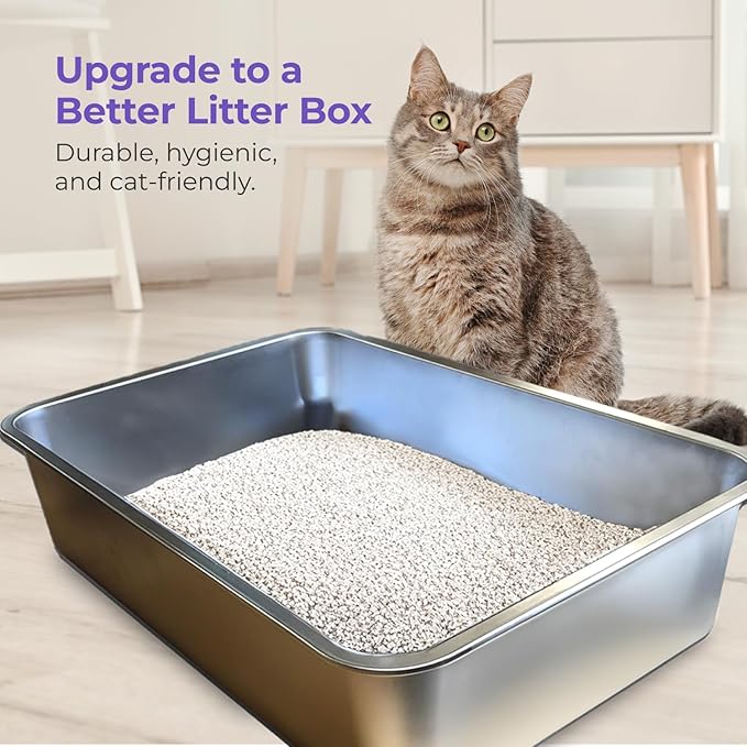 iPrimio Ultimate Stainless Steel XL Cat Litter Box - XL Litter Box for Big Cats - Large - Never Absorbs Odor, Stains, or Rusts - Easy Cleaning Litterbox Designed by Cat Owners (1 Pan)