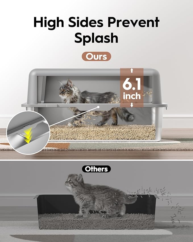 Stainless Steel Cat Litter Box, Extra Large Enclosed Litter Boxs for Big Cats, XL Metal Litter Box with Lid, High Sided, Non Stick, No Smell, Easy to Clean, Included Scoop
