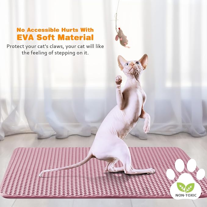 Waterproof Cat Litter Mat, Double Layer EVA, Odor-Free Large Grid, Urine Proof, Easy Cleanup (Pink, 22 x 30)