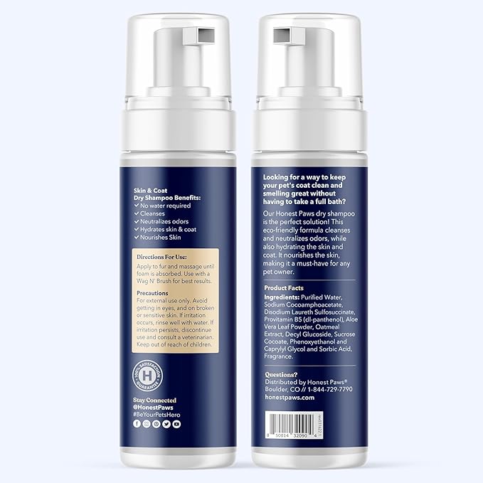 Honest Paws Dog Dry Shampoo - Waterless No Rinse Foaming Formula Reducing Itch Cleanse Hydrate Nourish Dry Skin and Smelly Coat Help Decrease Odor Shedding and Allergies - Oatmeal & Lavender - 6.3 oz