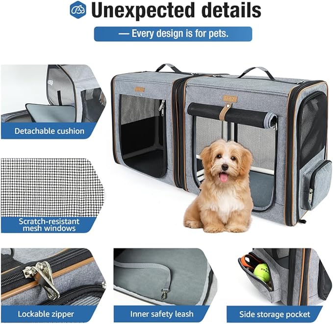 Lekereise 2-in-1 Cat Travel Carrier with Litter Box, (17.7" x2) x16.5"x13" Large Cat Carrier with Zipper Locks for Moving Across The Country (No Hammock) - Grey