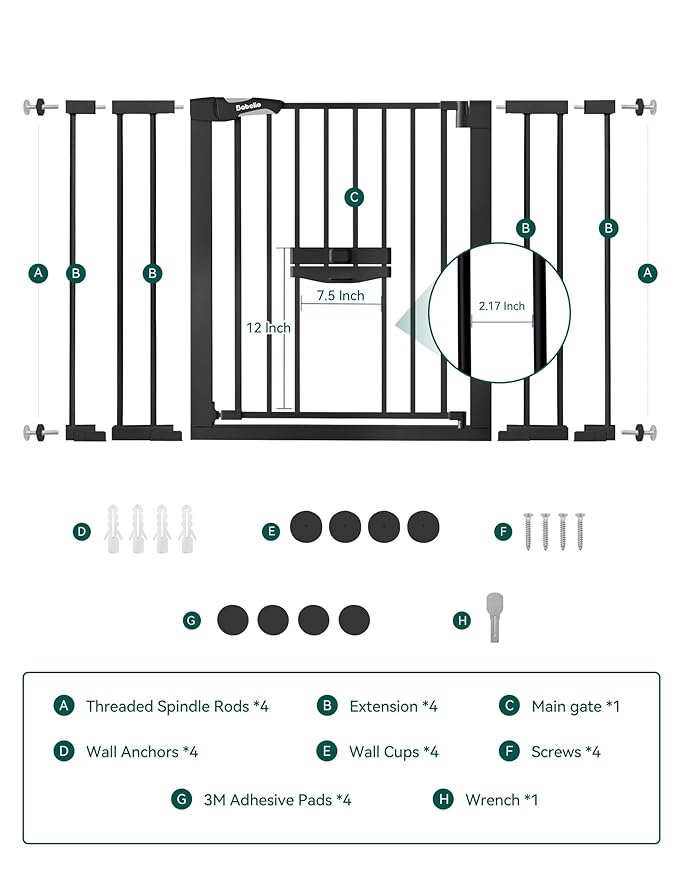 BABELIO 29-48" Extra Wide Baby Gate with Cat Door, Auto Close Metal Pet Door for Stairs, Doorways, House, Pressure/Hardware Mounted, Easy Walk Thru, Black