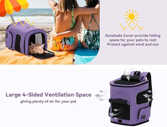PETSFIT Dog Backpack Carrier with Upgraded Waist Protection, Pet Carrier Backpack Designed for Small Dogs/Cats, Fully Ventilated Collapsible Cat Backpack for Outdoor Traveling Hiking Camping Purple
