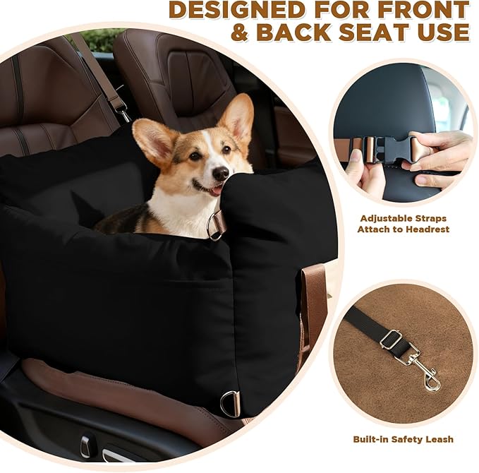 Small Dog Car Seat, Waterproof Pet Booster Seat for Car with Side Handles and a Storage Pocket, Clip-On Safety Leash and PP Cotton Filling, Vehicle Bed for Small to Medium Dogs up to 25lbs (Black)