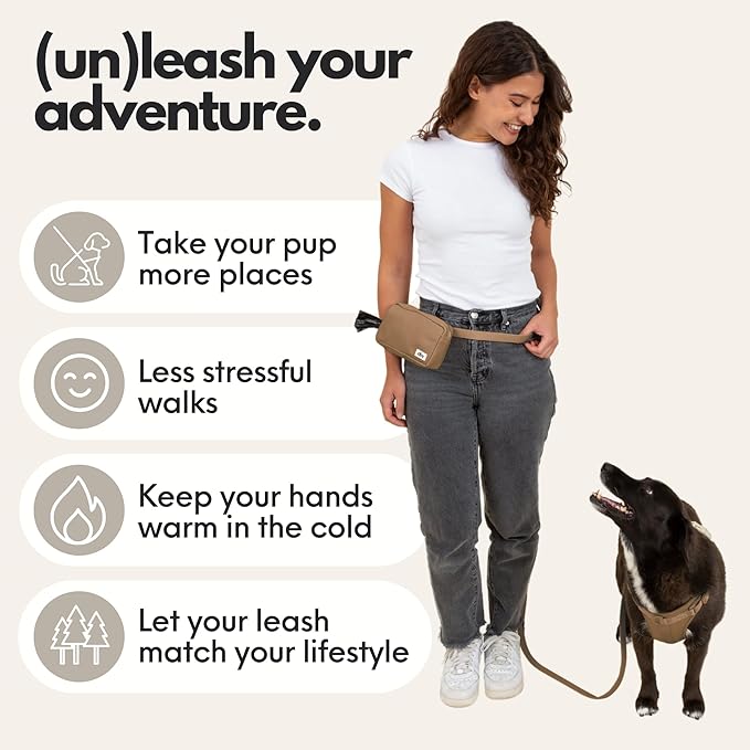 elby - Hands Free Dog Leash with Treat Pouch - Dog Walking Accessories - Dog Training Leash with Fanny Pack - Dog Accessories and Walking Essentials - Medium and Large Dogs (Dark Beige, Regular)