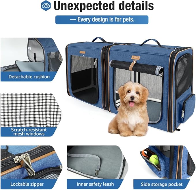 Lekereise 2-in-1 Cat Travel Carrier with Litter Box, (17.7" x2) x16.5"x13" Large Cat Carrier with Zipper Locks for Moving Across The Country (No Hammock) - Blue