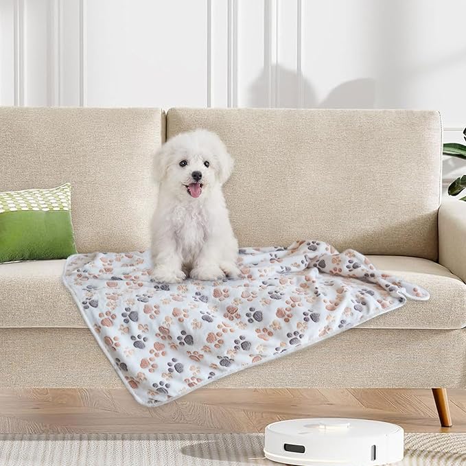 1 Pack 3 Puppy Dog Blankets Super Soft Warm Sleep Mat Fluffy Premium Fleece Pet Blanket Flannel Throw for Dog Puppy Cat - White Paw Print Large(40"x30")