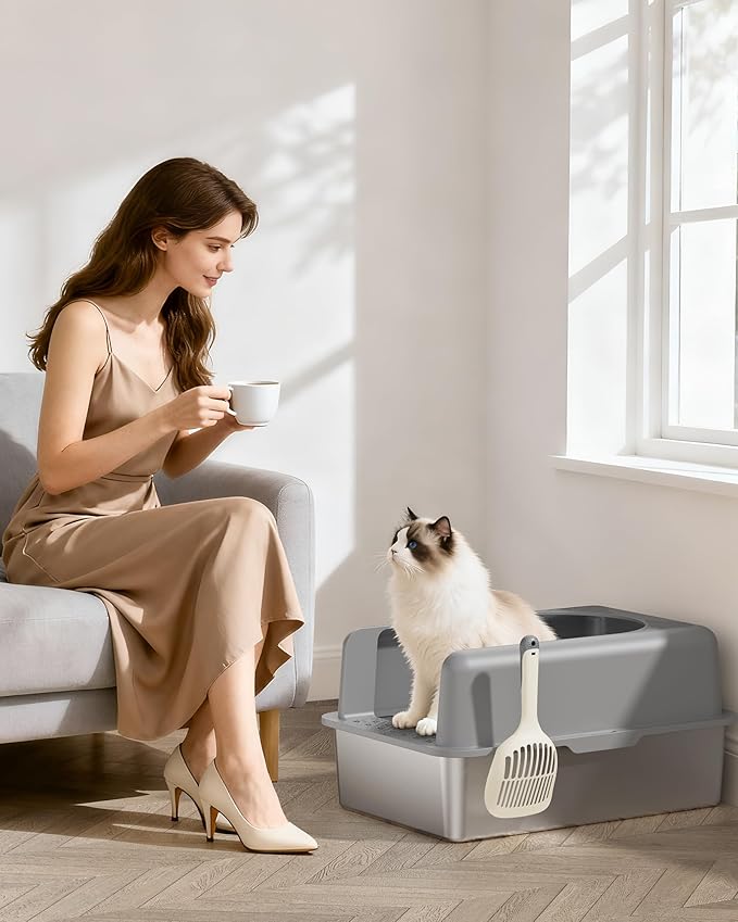 Stainless Steel Cat Litter Box, Extra Large Enclosed Litter Boxs for Big Cats, XL Metal Litter Box with Lid, High Sided, Non Stick, No Smell, Easy to Clean, Included Scoop