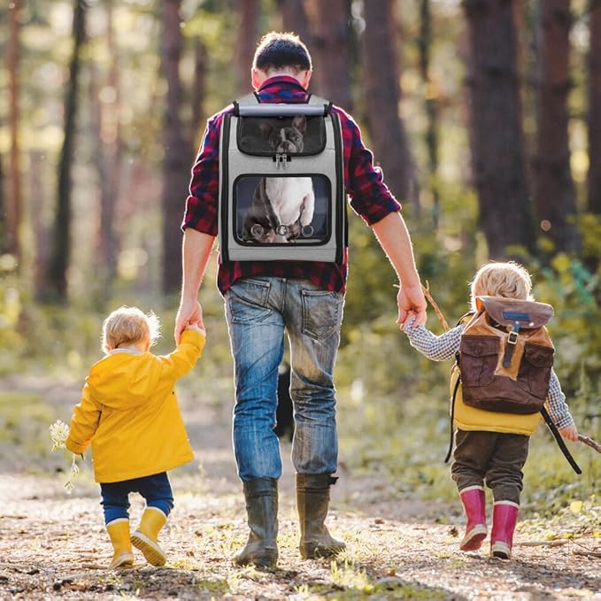 Critter Sitters Grey Pet Backpack for Small Dogs, Cats with Scratch Resistant Breathable Mesh Windows, Airline Carry-On Approved, Safety Leash, Pockets, Durable Transporation for Animals