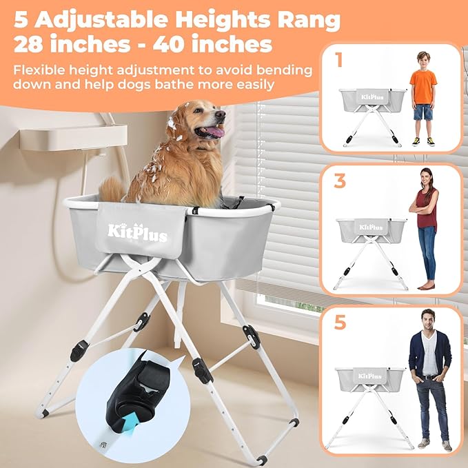 Portable Dog Bathtub, 5 Height Adjustable Dog Washing Station for Pet Shower and Grooming Foldable Bathing Tub with Storage & Anti-Slip Design for Small Large Dogs Cats