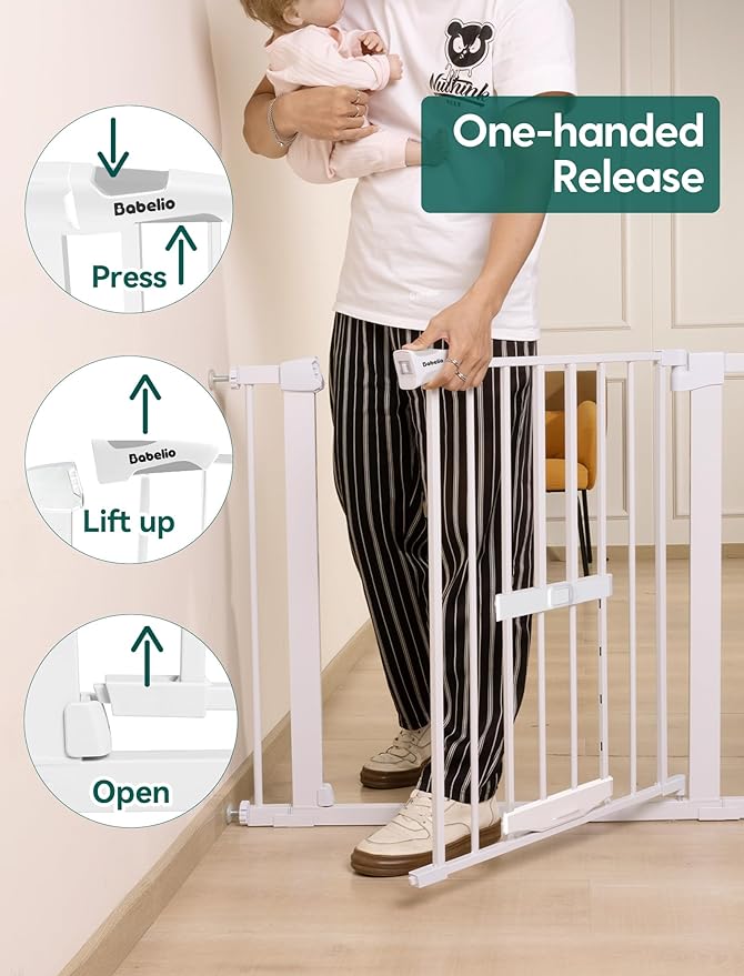 BABELIO New Version Baby Gate with Cat Door Adjustable,29-40" Metal Pet Door for Stairs & Doorways,Pressure Mounted,No Tools Needed,White