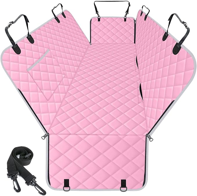 Waterproof Dog Car Seat Cover for Back Seat - Durable, Scratch Proof Pet Hammock with Nonslip Design & Storage Pockets, Fits Cars, SUVs, Trucks - L, Pink/Grey