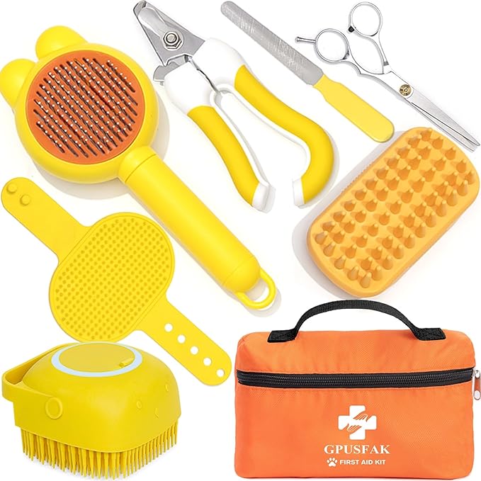 9 Piece Bath Grooming Kit for Pets - Dog Bath Brush Kit Slicker Hair Brush Set with Pet Nail Clipper and File Comb for Shedding Bathing