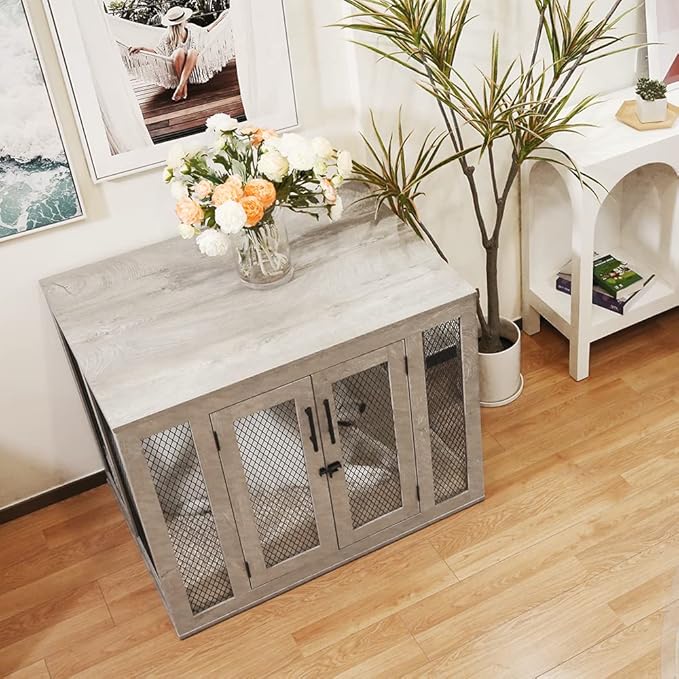 unipaws 38.5 Inch Large Dog Crate Furniture, Wooden Dog Kennel for Large Breed, Indoor Decorative Wood Dog Cage, Inside Side End Table Crate with Tray and Dog Bed, Dog Enclosure