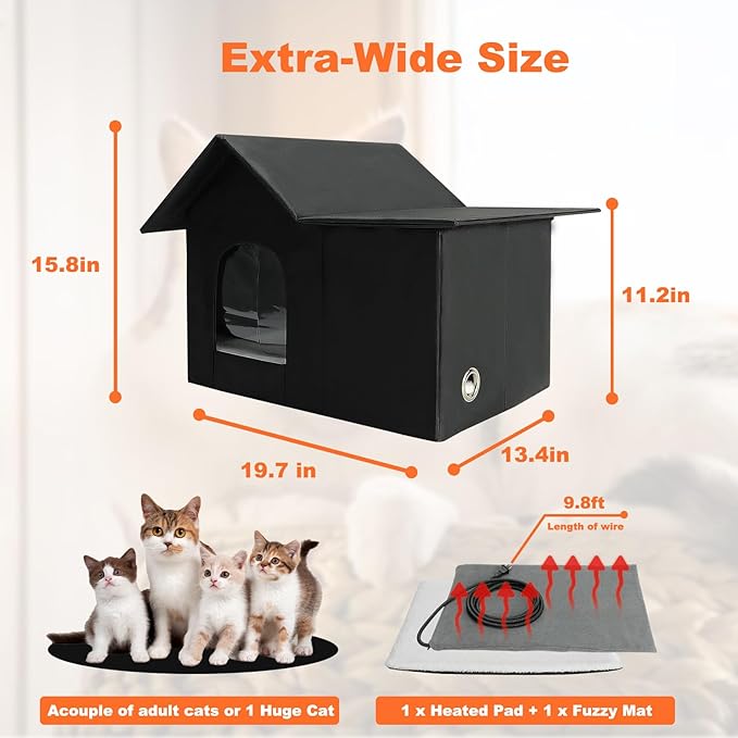 Large Heated Cat House for Outdoor Cats in Winter, Weatherproof Feral Cat Shelter with 2 Pads, Collaspable Insulated Cat Kennel Outside Stray Cat Hut for Wild Small Animal Rabbit