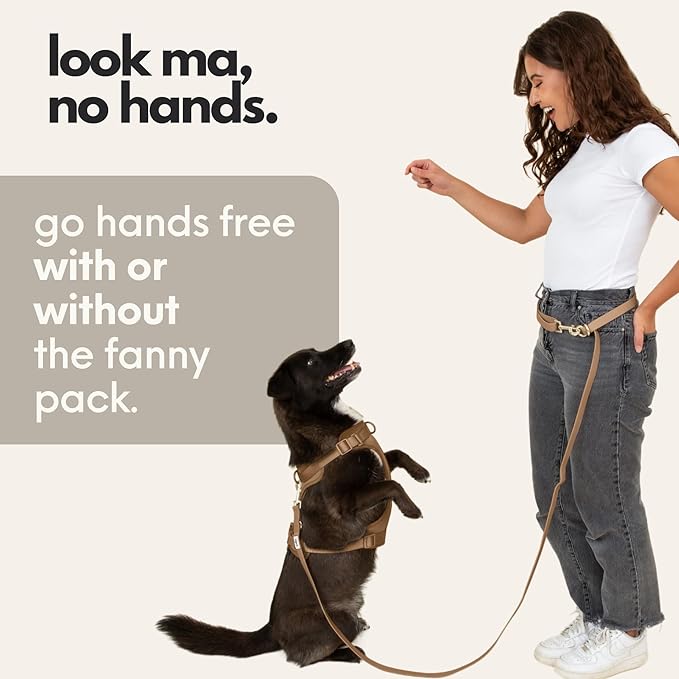 elby - Hands Free Dog Leash with Treat Pouch - Dog Walking Accessories - Dog Training Leash with Fanny Pack - Dog Accessories and Walking Essentials - Medium and Large Dogs (Dark Beige, Regular)