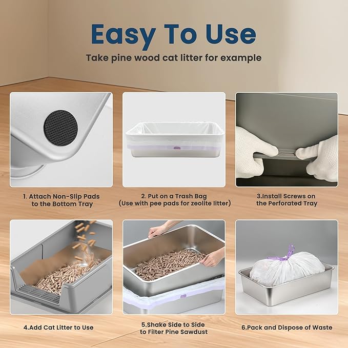 Stainless Steel Sifting Litter Box for Pine Pellets, 23.6" x 15.7" x 14.7" XL Sifting Cat Litter Box with Sifter, High Side for Big Cats, Anti-Leakage, Odor Control, Includes Scooper