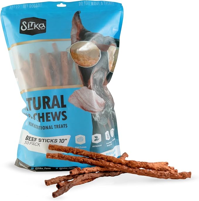 Sitka Farms Beef Sticks 10 Inch for Dogs - Crunchy Beef Munchy Sticks - Natural Beef Flavor Dog Treats - 30 Count - High Protein Snacks for Large Medium and Small Breeds