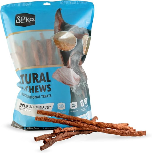 Sitka Farms Beef Sticks 10 Inch for Dogs - Crunchy Beef Munchy Sticks - Natural Beef Flavor Dog Treats - 30 Count - High Protein Snacks for Large Medium and Small Breeds