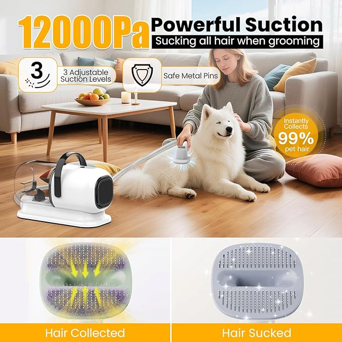 Dog Grooming Vacuum, All-in-One Pet Grooming Kit with Hair Clipper & Shedding Brush, Low Noise 12,000Pa Dog Hair Remover Vacuum, Pet Groomer Set with Cleaning Brushes, PG01