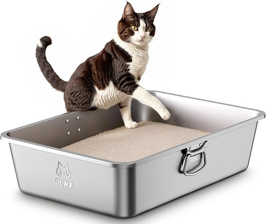 Stainless Steel Metal Litter Box with Handle, Extra Large Cat Litter Box with High Sides, Odor-Free, Non-Stick, Easy to Clean, 23.4"×15.6"×5.9", Ideal for Large Cats & Multi-Cat Households