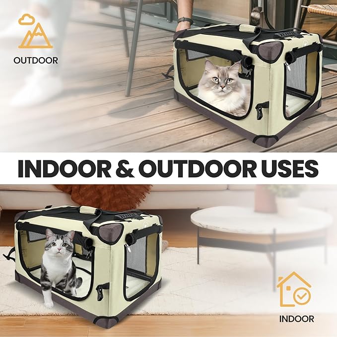 Large Cat Carrier for Car Travel, Soft Sided Collapsible Pet Carrier for Outdoor and Indoor Uses, Roomy Extra Large Cat Carrier for 2 Kittens or Puppies Up to 50lbs (Brown)