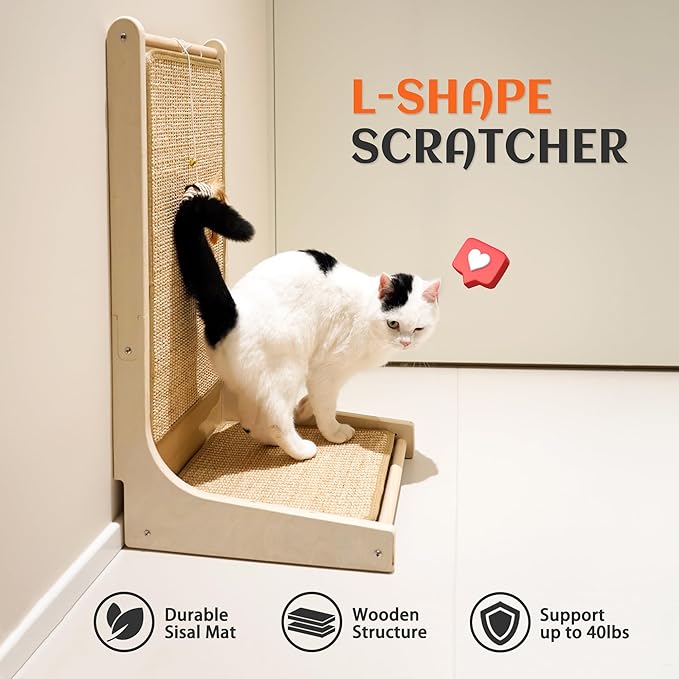 PETKARAY Cat Scratcher, Sisal Cat Scratch Pad, L Shape Scratching Board for Indoor Kitty, Floor Mounted Scratcher with Mouse Toy Catnip