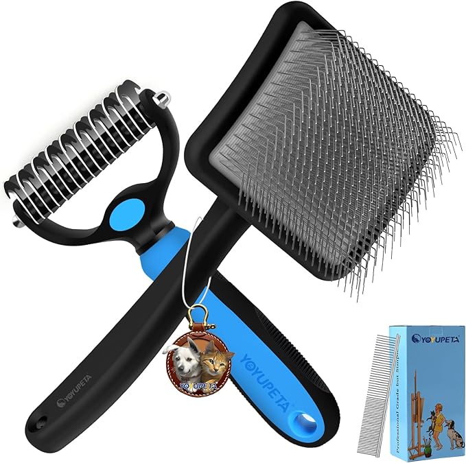 Large Slicker Brush for Dogs – 3pc Grooming Kit with Undercoat Rake & Comb, Deshedding Pin Brush for Mats & Shedding on Long-Haired & Double-Coated Dogs, Cats, Poodles & Goldendoodle, Black
