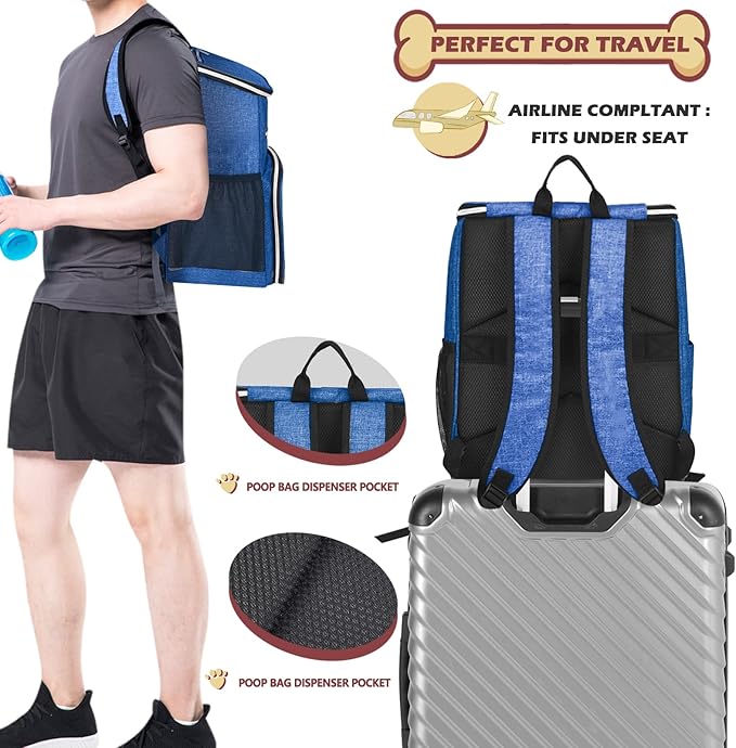 BAGLHER丨Dog Travel Bag Backpack, Airline Approved Pet Supplies Backpack, Dog Travel Bag with 2 Silicone Collapsible Bowls and 2 Food Baskets Blue
