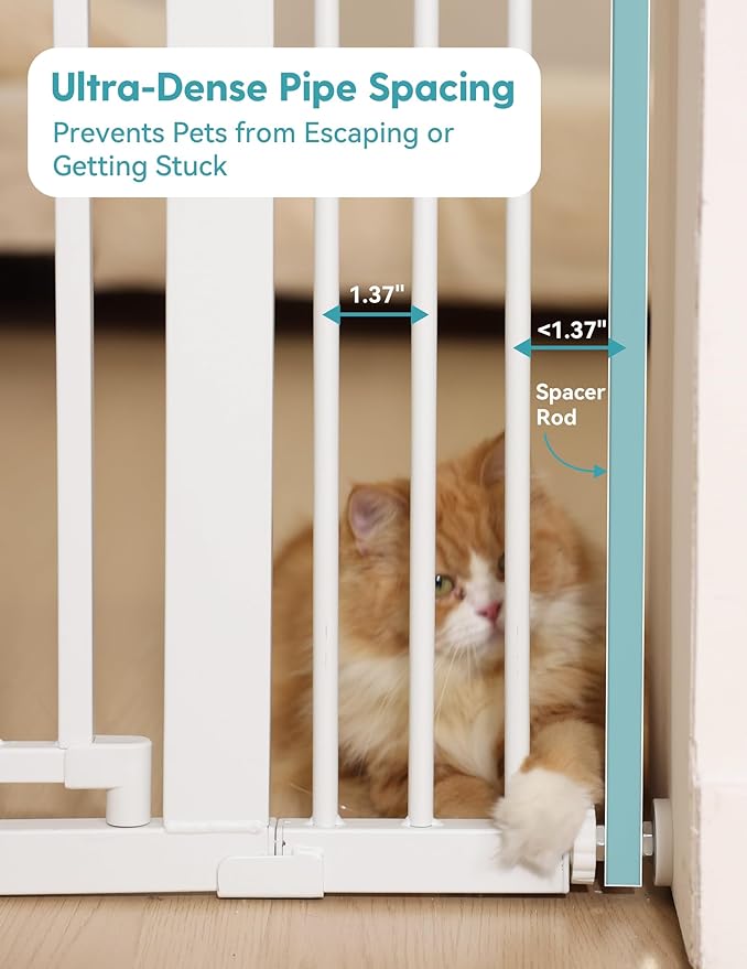 No Pawblems Upgraded 71" Extra Tall Pet Gate for Cat, 29-43" Auto Close Cat Gate for Doorways/Stairs/Hallways, NO Drilling Pressure Mounted Tall Dog Gate Indoor, 1.37" Pet-Safe Gap, White