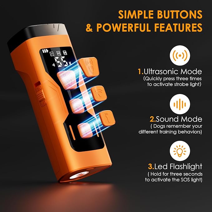 Dog Bark Deterrent Devices, 3X Ultrasonic 65FT Anti Barking Device, 4 Gear Frequencies Safer Alternatives to Dog Training Bark Collars, Portable Design with Display for All Dogs (Orange)