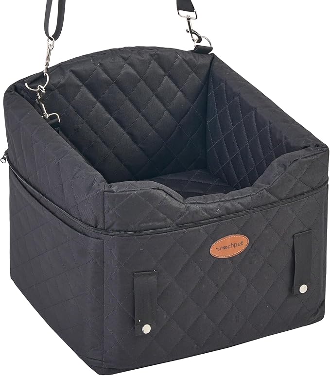 Dog Car Seat with Loops Dog Booster Seat for All Seasons, Anti Slip Bottom Pet Travel Bed with Thick Pets Sofa Cushion and Storage Pockets for Small Pets（Black）