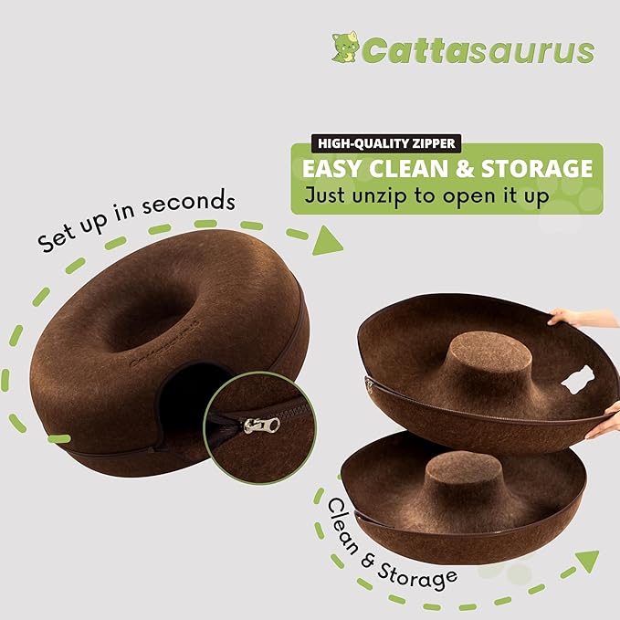 Cattasaurus Peekaboo Cat Cave Donut for Multiple & Large Cats up to 30-45 lbs, 3-in-1 Self Warming Cat Bed, Tunnel & Scratcher for Indoor Cats, Washable & Detachable Small Dog Bed (Brown, Jumbo)