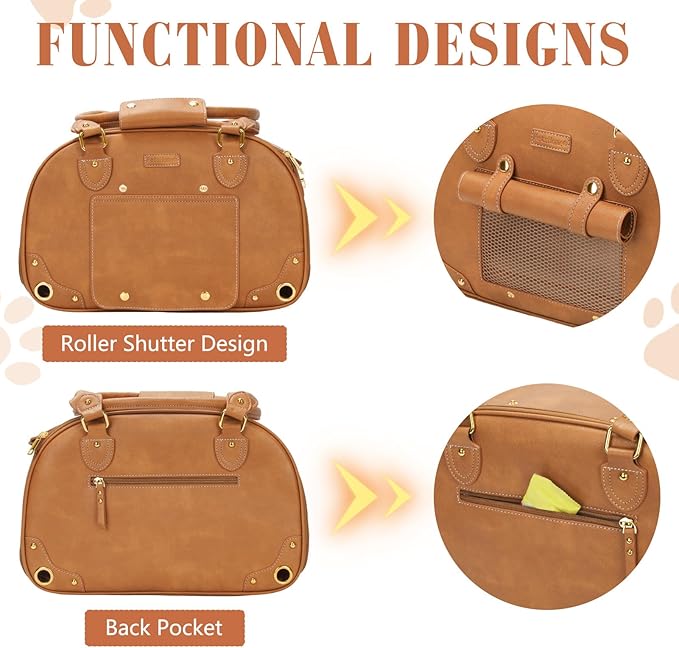 PetsHome Dog Carrier Purse, Pet Carrier, Foldable Waterproof Premium PU Leather Pet Travel Portable Bag Carrier for Cat and Small Dog Home & Outdoor Small Brown