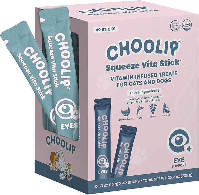 Choolip Squeeze Vita Stick Lickable Cat and Dog Treats, 49-Count Eye Support Variety Pack, Chicken and Tuna with Lutein, Omega-3 and Grapeseed Extract