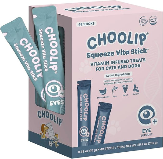 Choolip Squeeze Vita Stick Lickable Cat and Dog Treats, 49-Count Eye Support Variety Pack, Chicken and Tuna with Lutein, Omega-3 and Grapeseed Extract