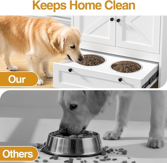 Giluta 32" High Dog Feeding Station with 2 Elevated Bowls, Pet Organizers and Storage Cabinet with 3 Hangers, Pet Feeder Station, Hidden Pet Storage Cabinet for Cats and Dogs