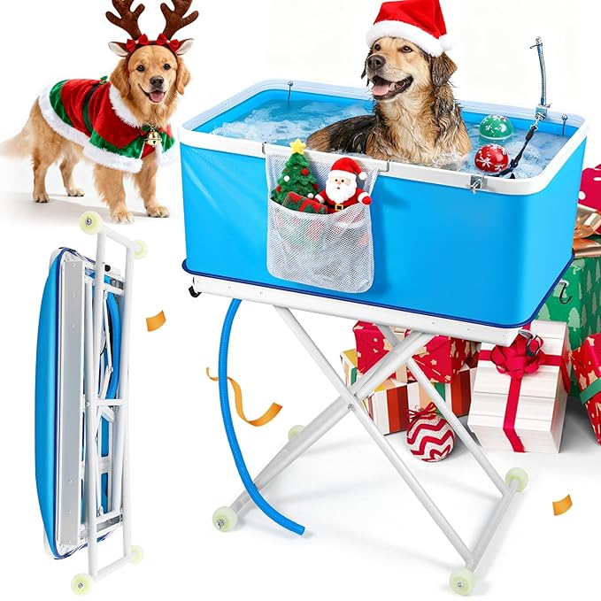 Portable Dog Bathtub, Effortlessly Adjust Height, Elevated Foldable Wash Station for Bathing Shower Grooming, Indoor & Outdoor, for Medium to Large Size Dogs