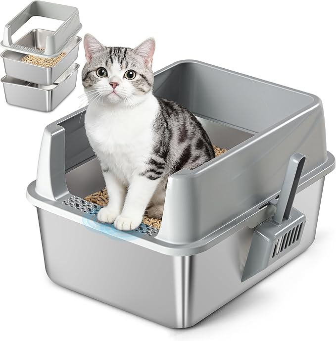 Stainless Steel Sifting Litter Box for Pine Pellets, Sifting Cat Litter Box with Sifter, High Side for Small Cats, Anti-Leakage, Odor Control, Includes Scooper, 17.7" x 13.8" x 11"